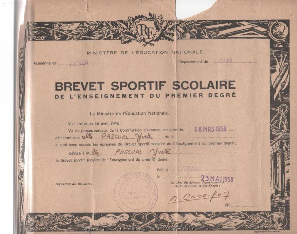 ORAN SCOLARITE LE BREVET SPORTIF 1958.JPG